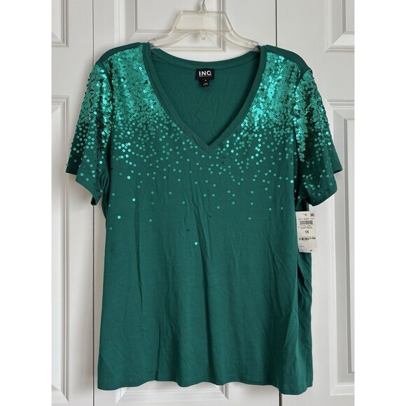 INC International Concepts Women's Tops Green Sequin Short Sleeve V-Neck Pullon - Picture 1 of 6
